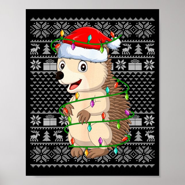 Poster Hedgehog Christmas Lights Ugly Sweater Funny Santa (Devant)