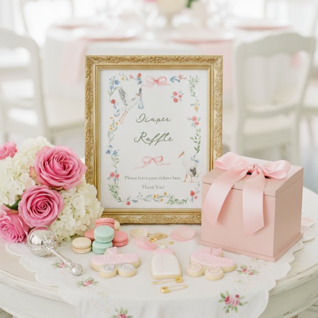 Poster Heirloom Rose & Ribbon Stork Diaper Raffle (Créateur téléchargé)
