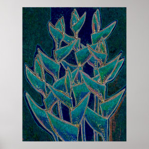 Poster Heliconia Rostrata Flore tropicale Art Turquoise