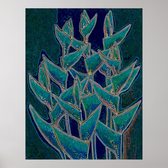 Poster Heliconia Rostrata Flore tropicale Art Turquoise (Devant)