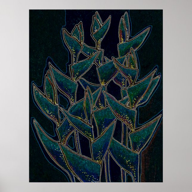 Poster Heliconia Rostrata Plante tropical Floral Art Noir (Devant)