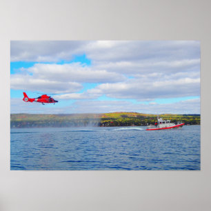 Poster Hélicoptère de la Garde côtière MH-65C et bateau d
