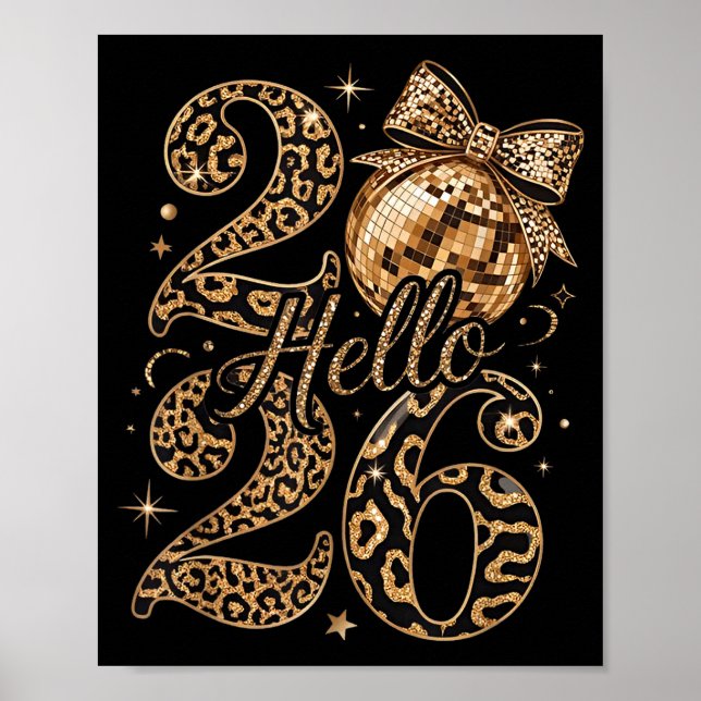 Poster Hello 2026 Leopard Coquette Disco Ball Happy New Y (Devant)