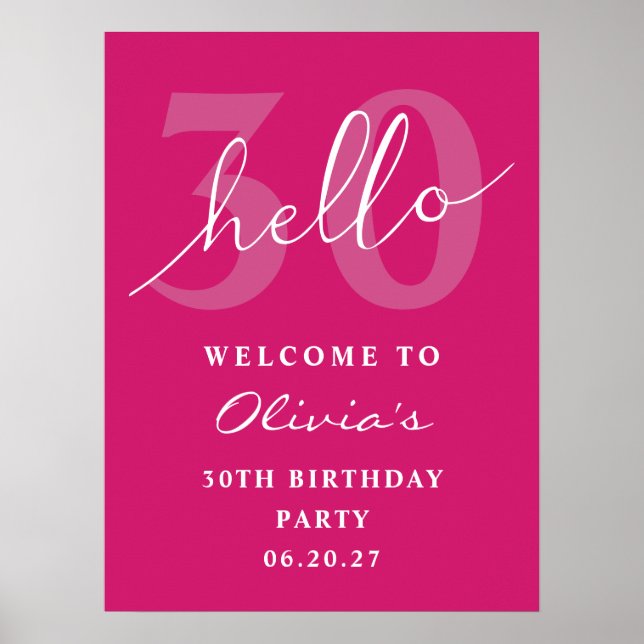 Poster Hello 30 Bold Typographie Hot rose Anniversaire Bi (Devant)