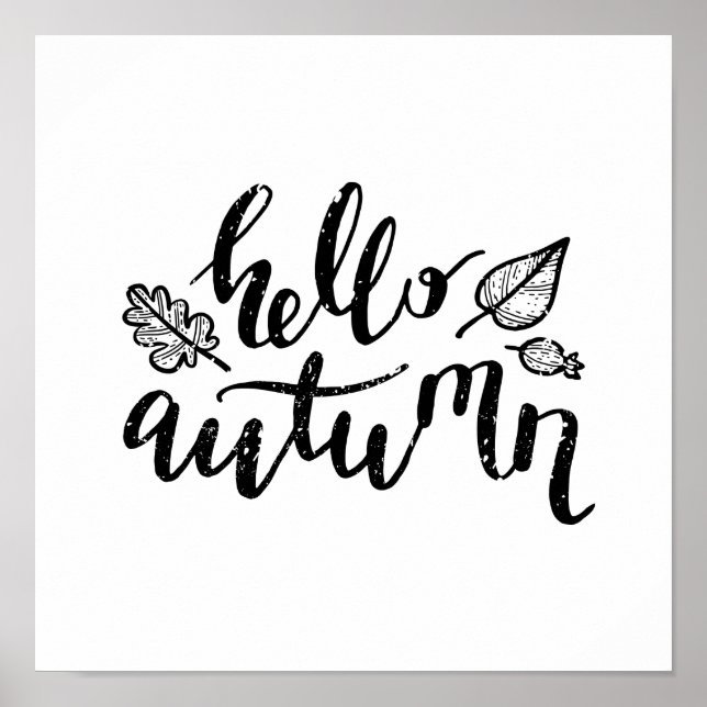 Poster Hello Autumn Leaves Black and White Calligraphy (Devant)
