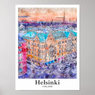 Poster Helsinki Finlande Aquarelle Voyage Main tirée