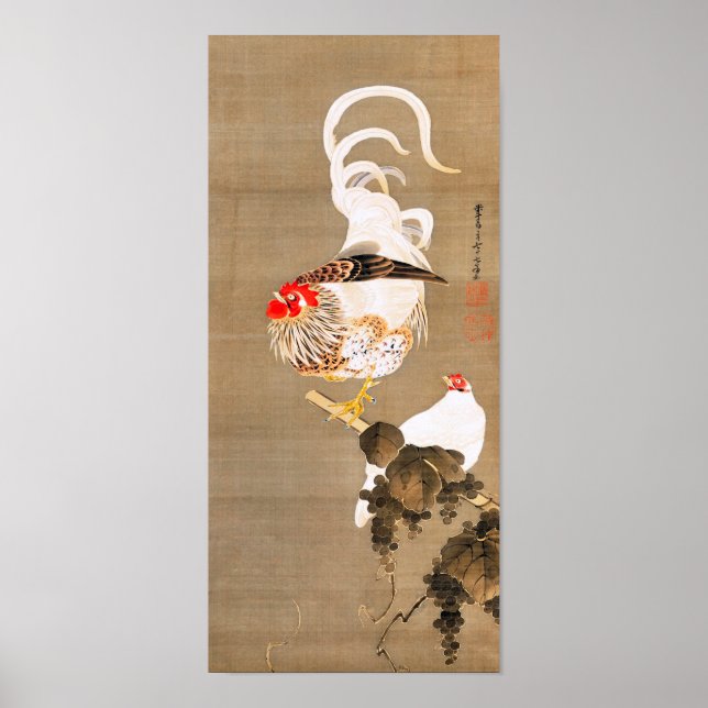 Poster Hen et coq avec Grapevine par Ito Jakuchu (Devant)