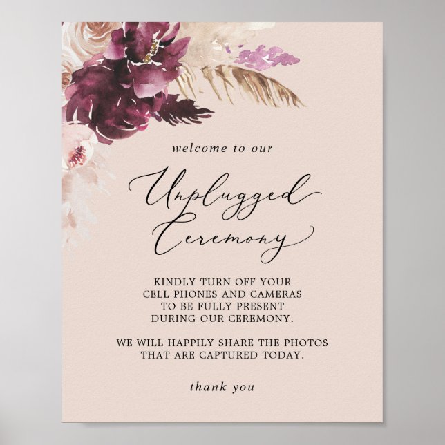 Poster Herbe Boho Pampas | Peach Unplugged Ceremony Sign (Devant)