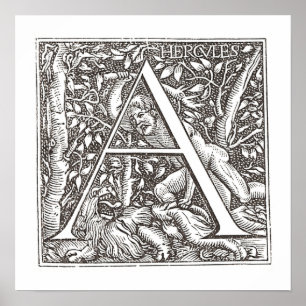 Poster Hercule massacrant le lion avec la lettre un