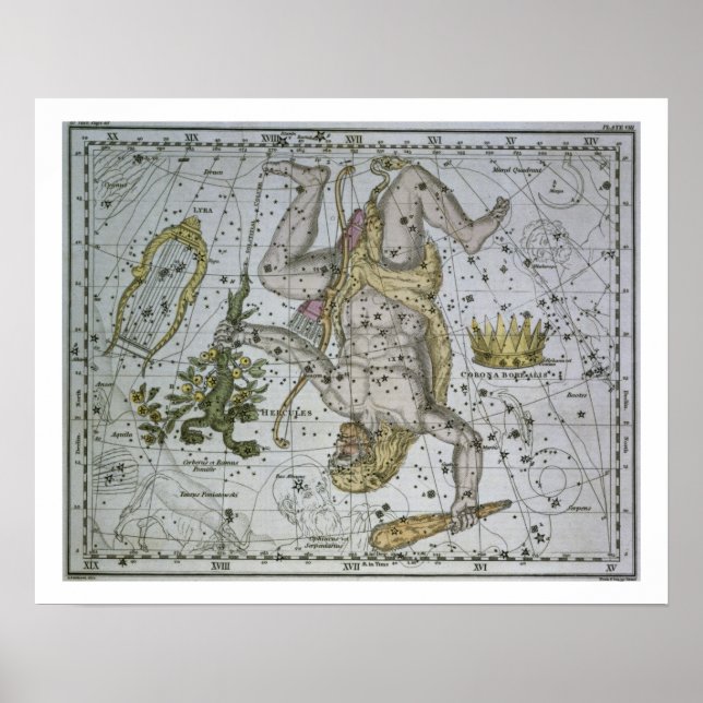 Poster Hercules, de "A Celestial Atlas", pub. en 1822 ( (Devant)