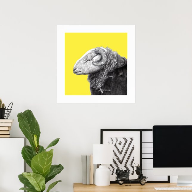 Poster Herdwick Ram en manteau Duffel (Retro Yellow) (Bureau à domicile)