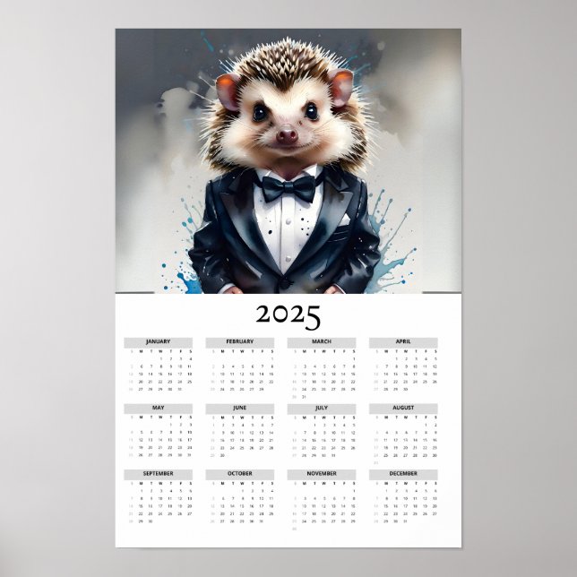 Poster Hérisson aquarelle portant Tux 2025 Calendrier mur (Devant)