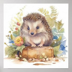 Poster Hérisson bébé mignon dans un jardin fleuri aquarel