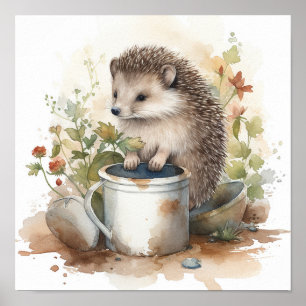 Poster Hérisson bébé mignon dans un jardin fleuri aquarel