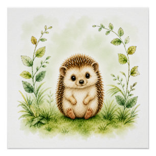 Poster Hérisson botanique mignon aquarelle faune