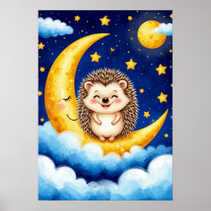 Poster Hérisson Mignon Croissant de Lune Doré