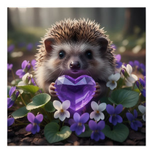 Poster Hérisson mignon de février avec cœur d'améthyste