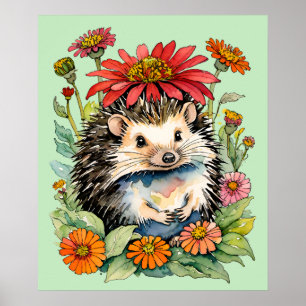 Poster Hérisson Zinnia Fleurs Art Hérisson Zinnias