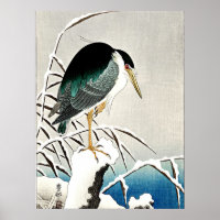 Héron en neige, art raffiné par Ohara Koson