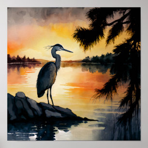 Poster Heron regarde l'aquarelle du coucher du soleil