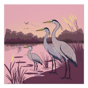 Poster Hérons au bord du lac