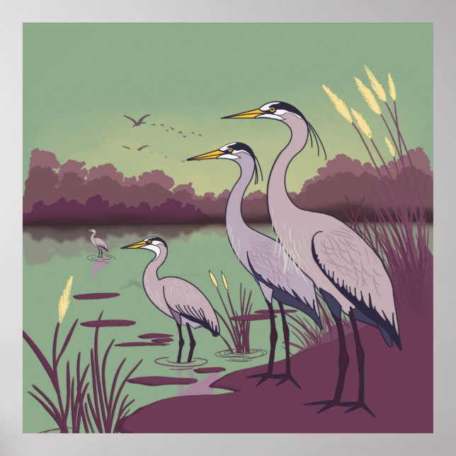 Poster Herons by the Lake (Devant)