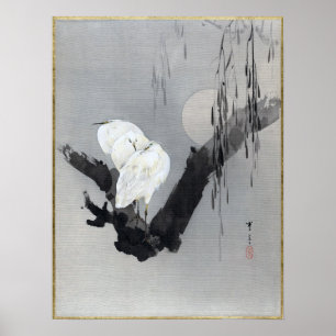 Poster Hérons de Watanabe Seitei dans un arbre la nuit