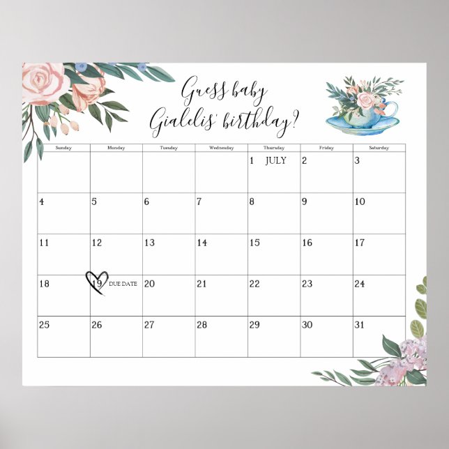 Poster Heure du Baby shower de thé Date d'échéance Devis (Devant)