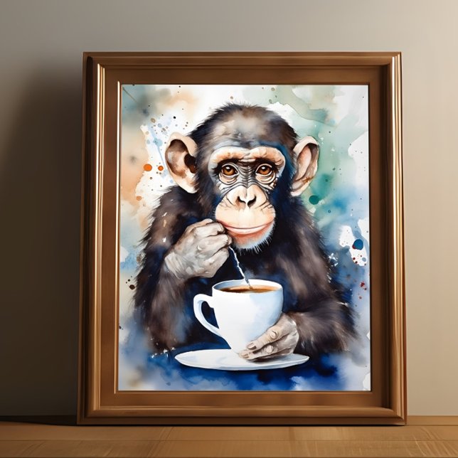 Poster Heure du thé de Chimp (Print of a chimp drinking tea is shown in a wooden frame.)