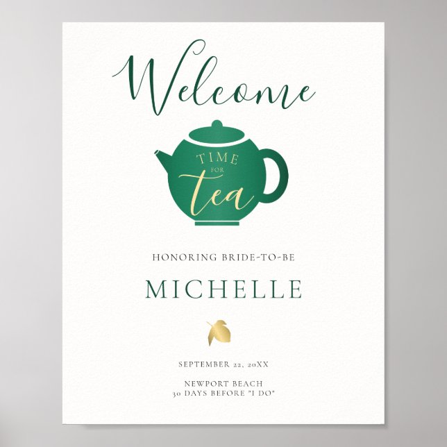 Poster Heure pour Tea Emerald Gold Fête des mariées Bienv (Devant)