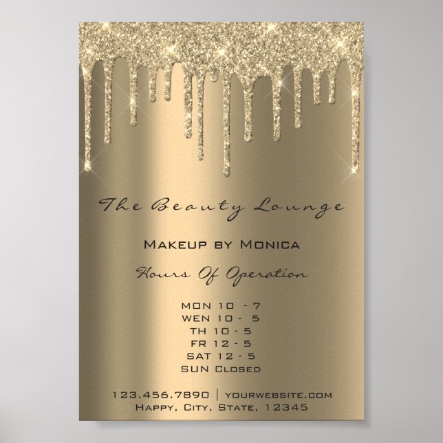 Poster Heures d'ouverture de maquillage Gold Drips Étince (Devant)