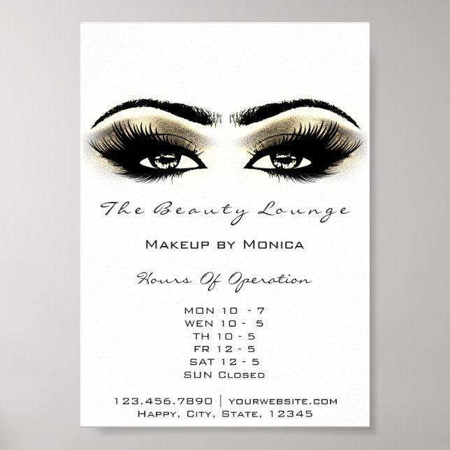 Poster Heures d'ouverture du maquillage Gold Salon Blanc (Devant)