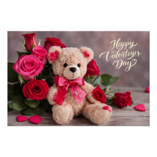 Poster Heureuse Sainte-Valentin Teddy Bear avec Roses