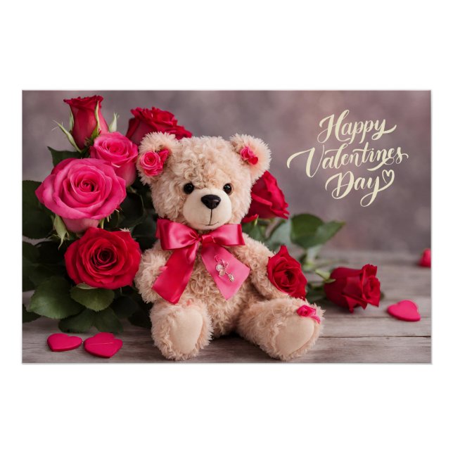 Poster Heureuse Sainte-Valentin Teddy Bear avec Roses (Devant)