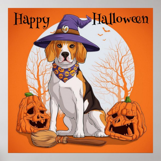 Poster Heureuse sorcière Beagle Halloween (Devant)
