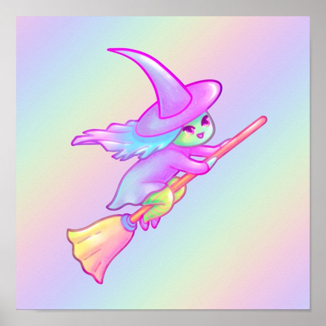 Poster Heureuse Sorcière Volant Sur Le Dessin De Broomsti (Devant)
