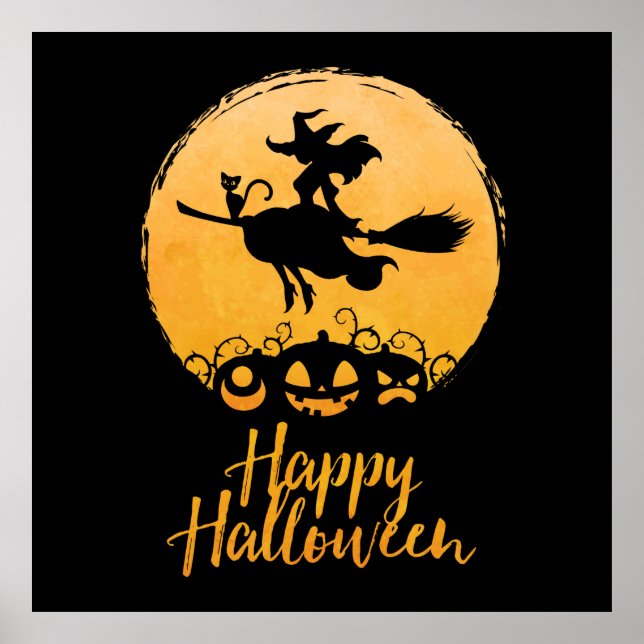 Poster Heureuse sorcière volante Halloween (Devant)