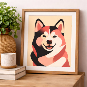 Poster Heureux Husky Sibérien Art Géométrique Minimaliste