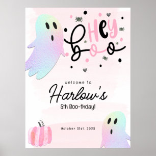 Poster Hey Boo iridescente Ghost Pink Halloween Bienvenue