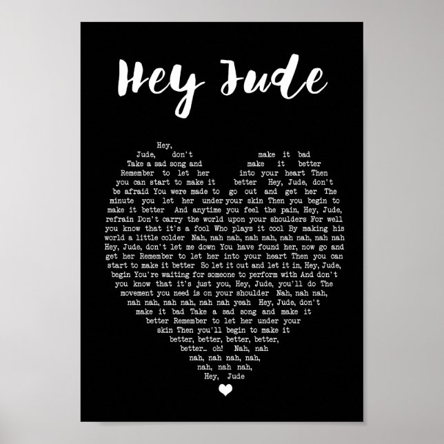 Poster Hey Jude Black Heart Wall Art Chanson Lyric Print (Devant)