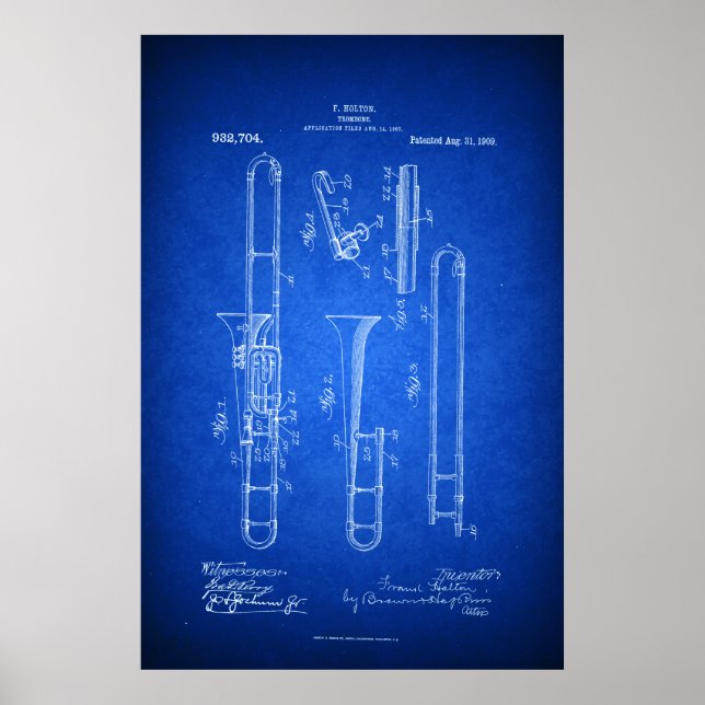 Poster Hi res Trombone Patent art Blueprint style (Devant)