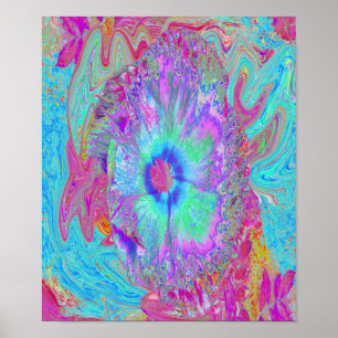 Poster Hibiscus Bleu Rétro Psychedélique Arc-en-Ciel