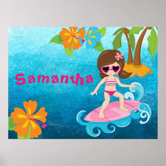 Poster Hibiscus et palmiers de la fille de surfer (Devant)