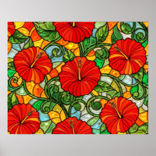 Poster Hibiscus Faux Vitrail Rouge Or Orange