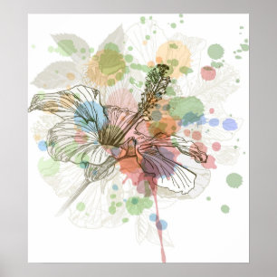 Poster Hibiscus fleur & aquarelle arrière - plan