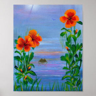 Poster Hibiscus Orange Tropical Fleurs Grenouille Créatio