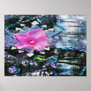 Poster Hibiscus rose Paysage noir et blanc Collage