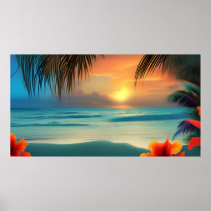 Poster Hibiscus rouge tropical Fleurs Plage palmiers océa