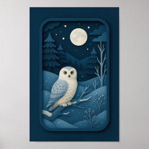 Poster Hibou au clair de lune dans une forêt enneigée