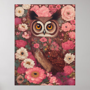 Poster Hibou aux grands yeux devant des fleurs #3